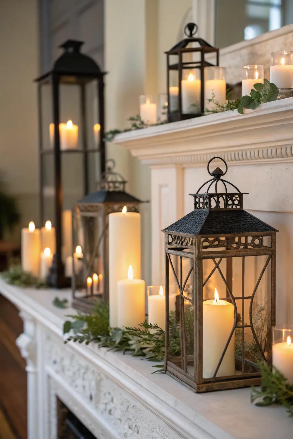 Tapers and sconces arranged symmetrically on a fall mantel.