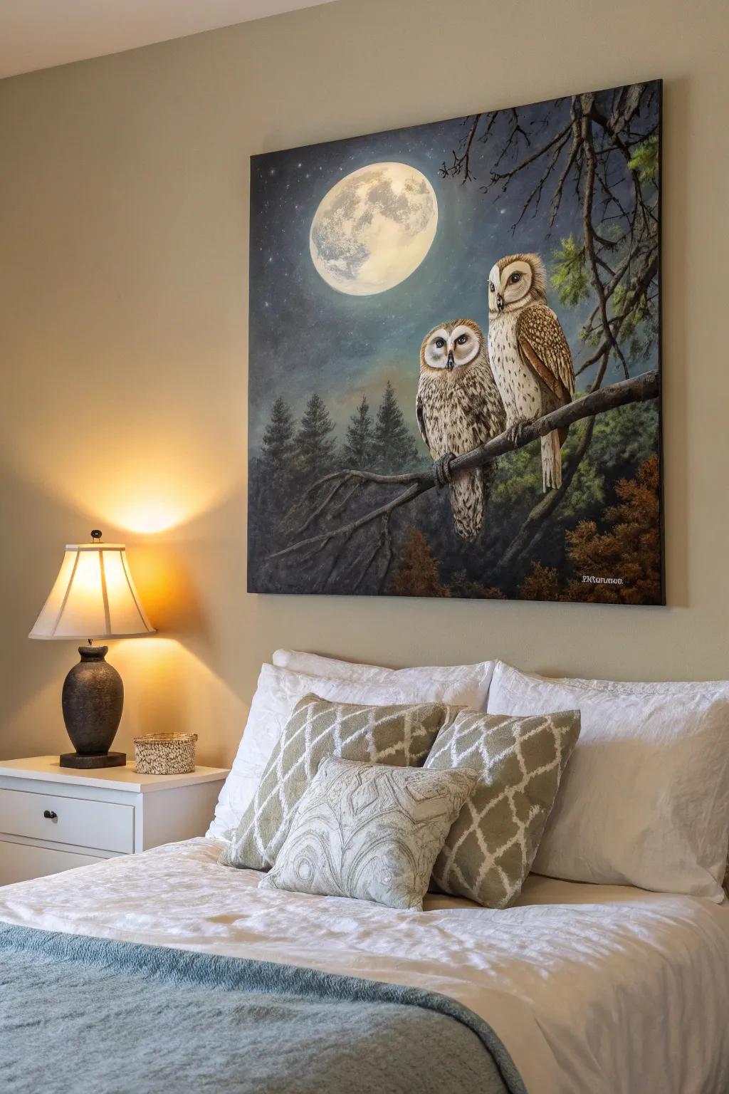 Owls beneath a moonlit sky stir up feelings of nighttime romance.