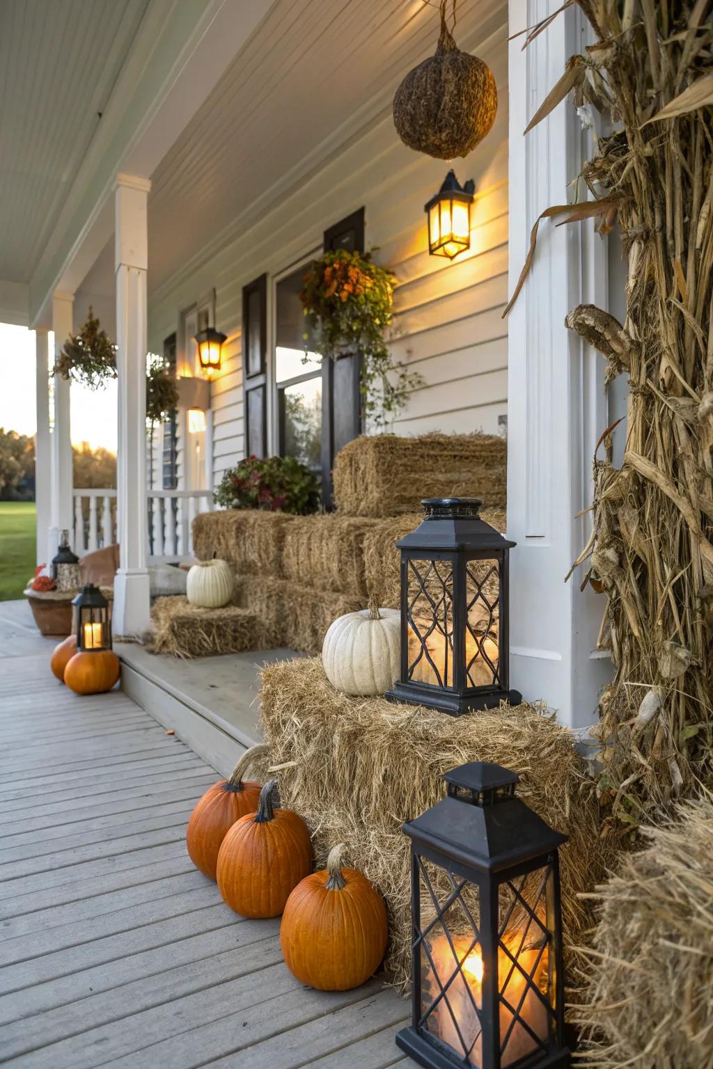 Rustic forage bundles and maize stalks offer a charming backdrop for autumn decor.