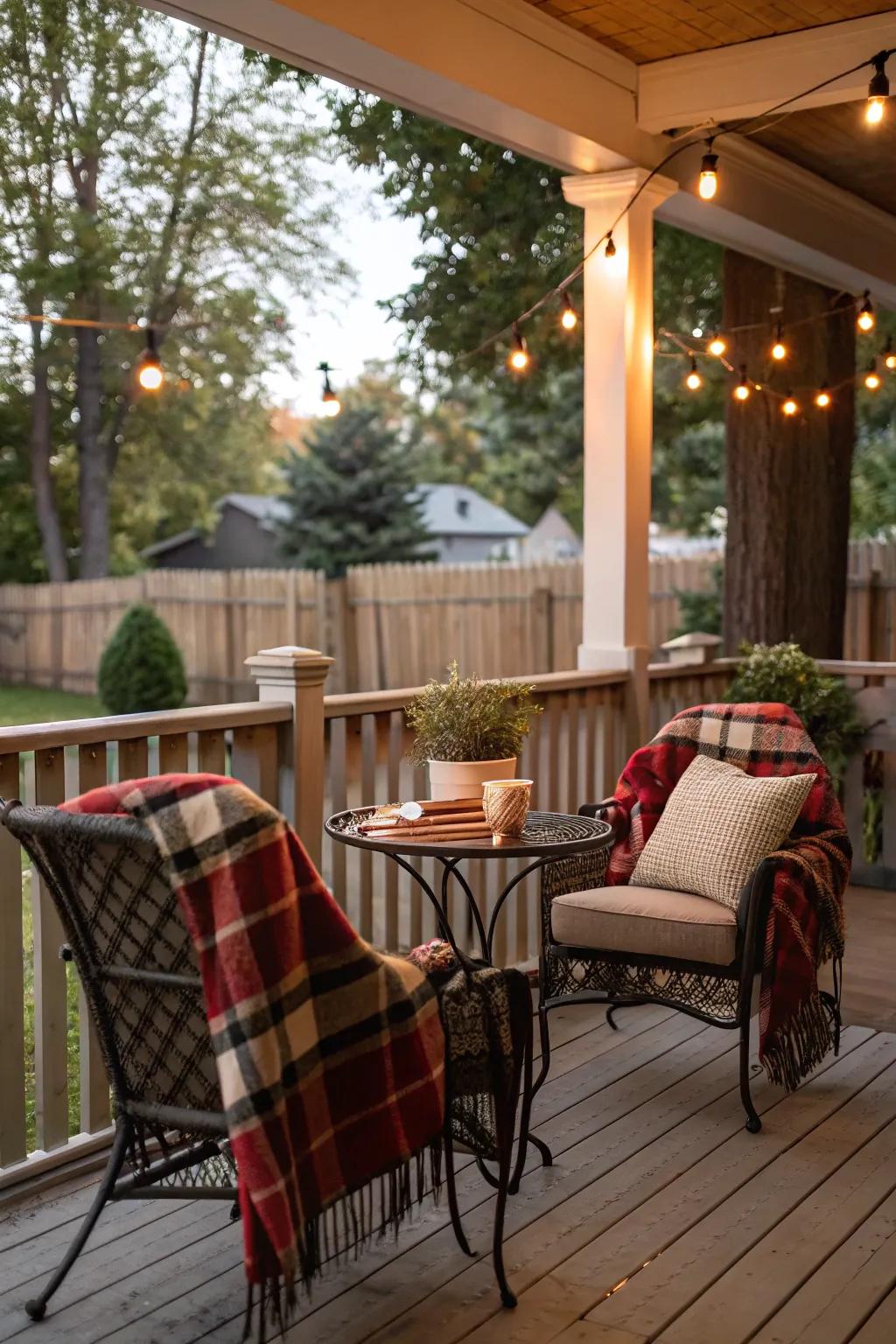 Patterned fabrics add a cozy element to your fall porch seating.