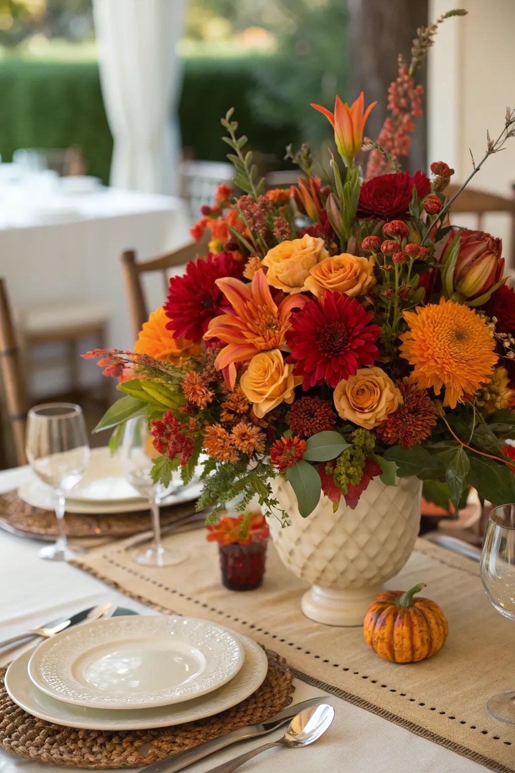 Incorporate warmth by blending fresh and artificial autumnal blooms.