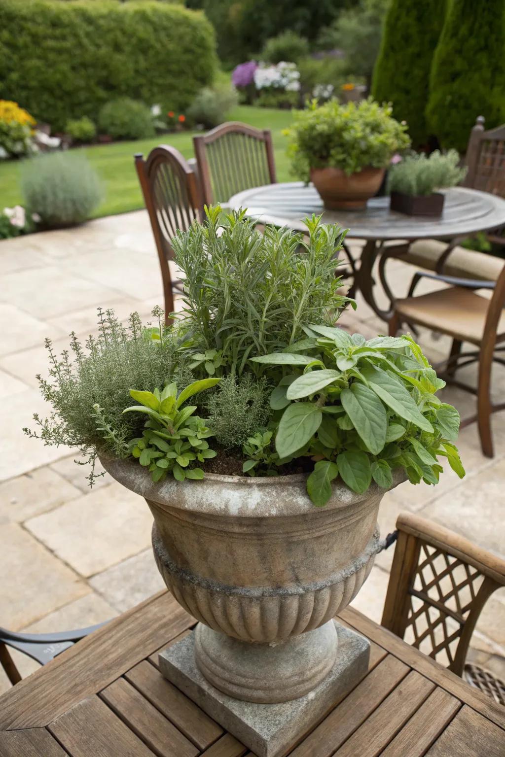 Fragrant herbs in an autumnal urn planter.