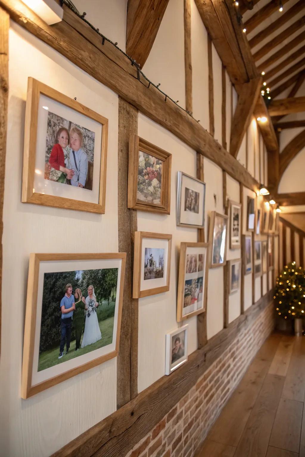 Rustic family wall featuring wood frames that add warmth and appeal.