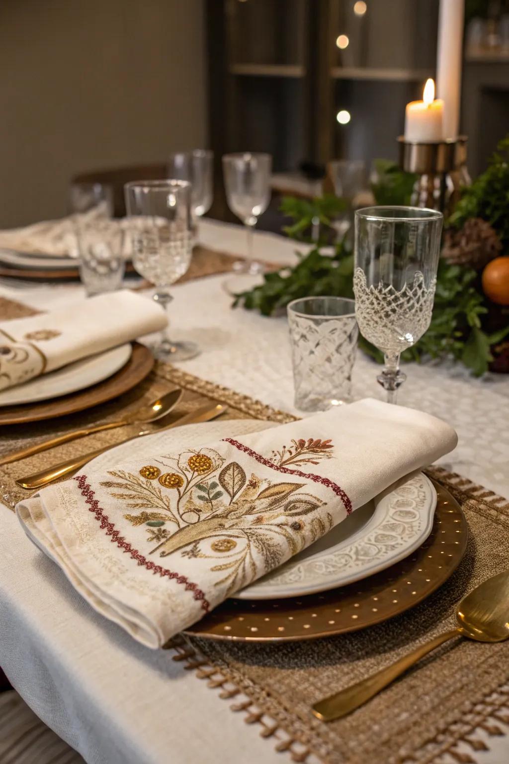 Textured linens add sophistication and elegance to the table.
