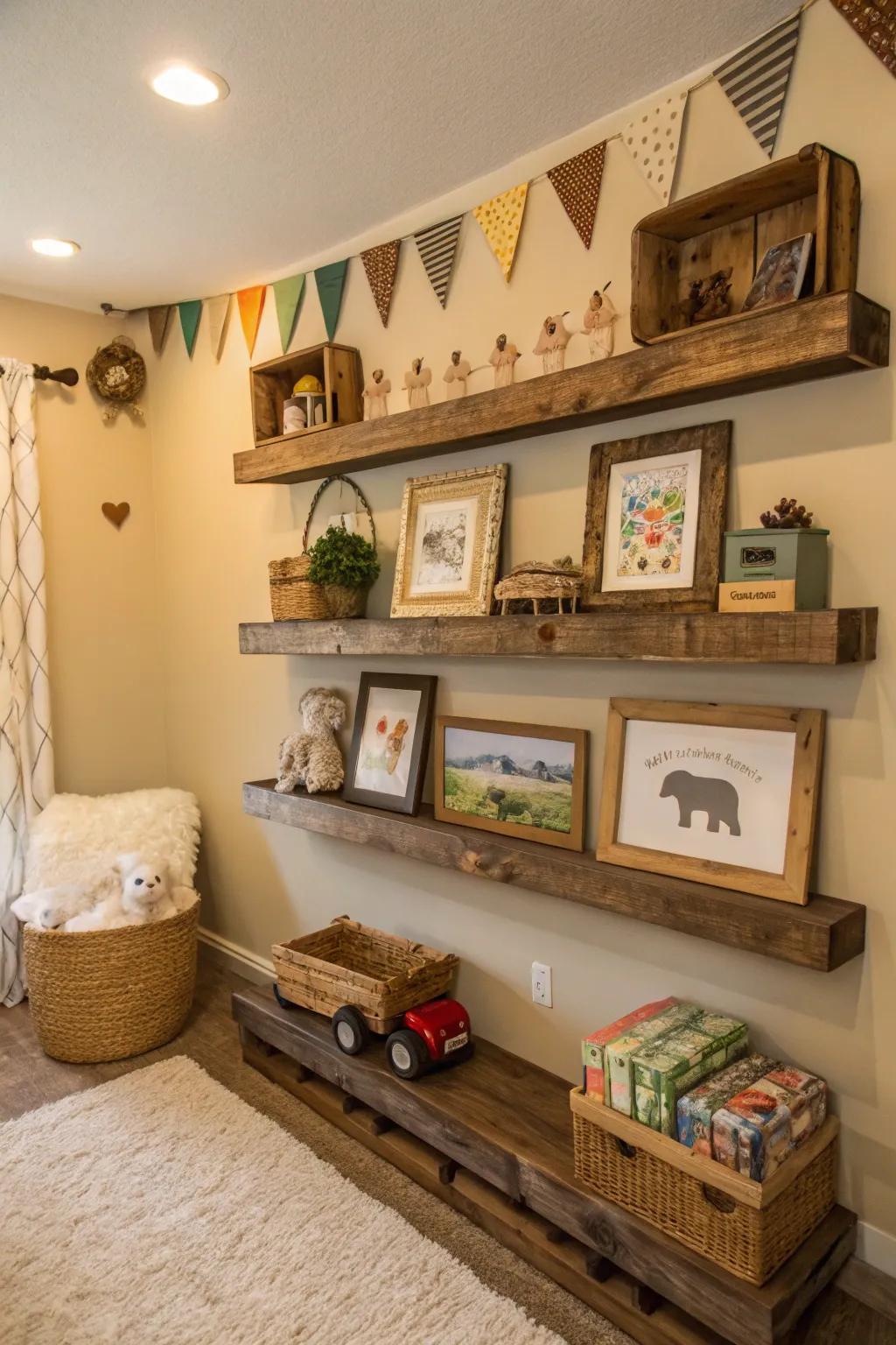 Natural wood adds warmth and texture to a farm animal nursery.