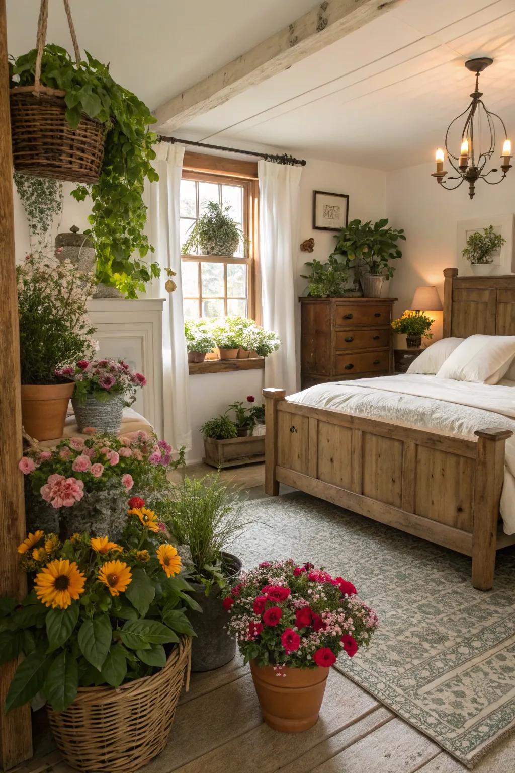 Organic decor brings vitality and serenity to the farmhouse bedroom.