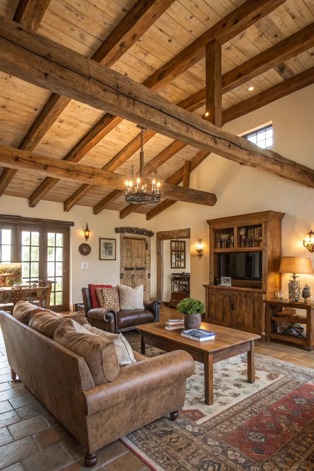 Upcycled lumber ceilings add character and history to this farmhouse living room.