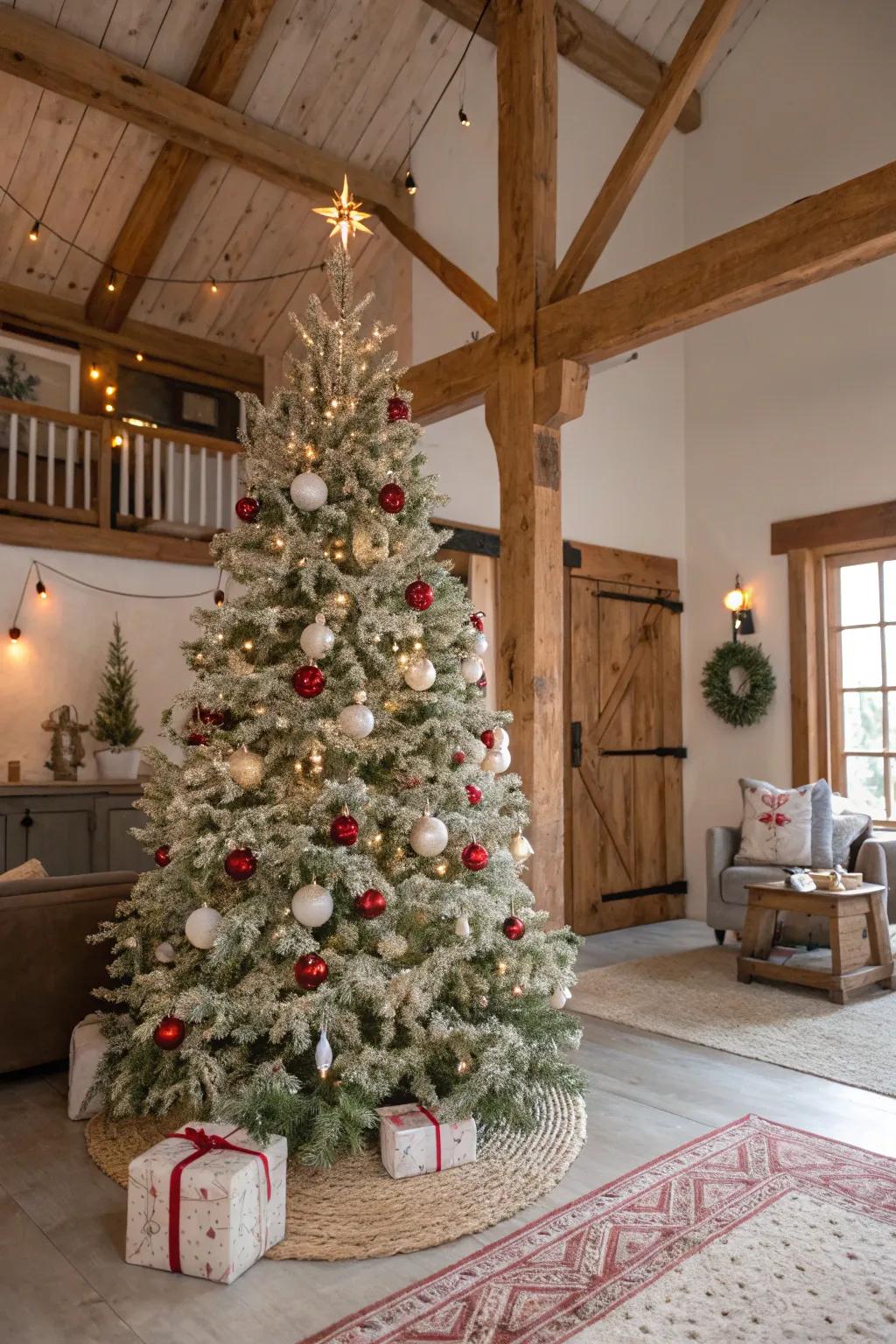 An understated colour theme forms a peaceful and classy farmhouse Christmas tree.