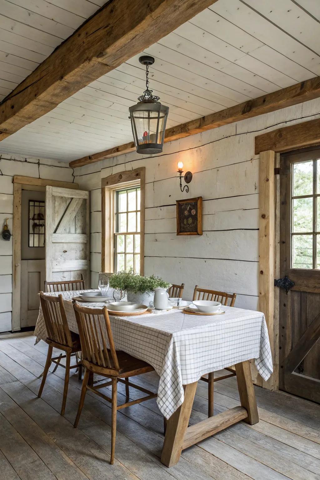 Panel walls bring a timeless farmhouse feel to this cozy dining room.