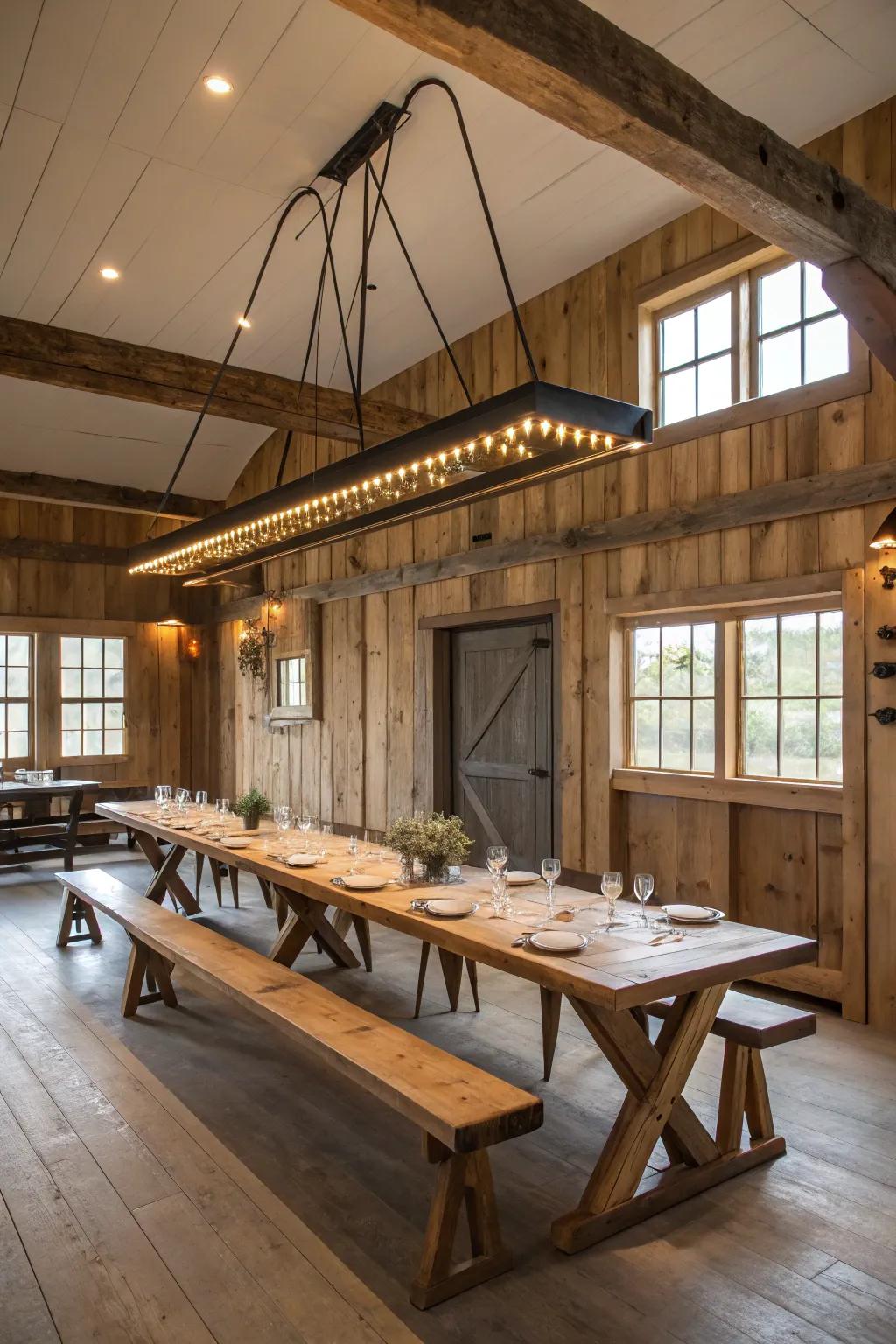 Straight lighting elevates the ambiance of an extended dining table.
