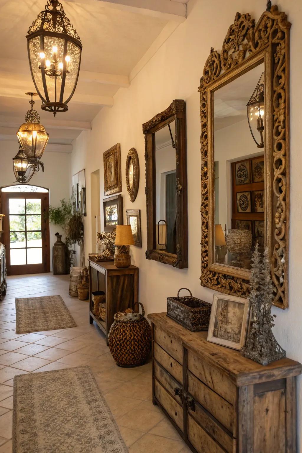 A countryside entryway revitalized by the elegance of vintage mirrors.