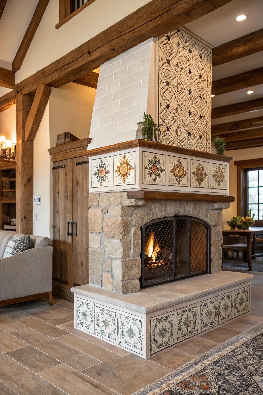 A textured farmhouse fireplace showcasing blended resources.