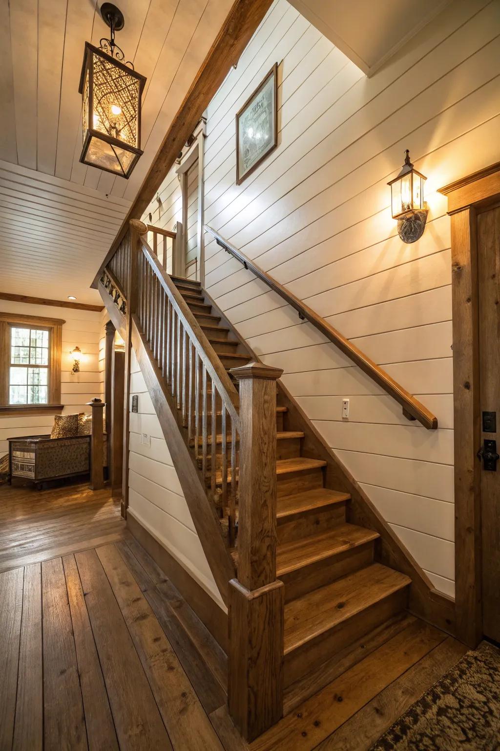 Paneling walls enhance the rustic appeal of your staircase.