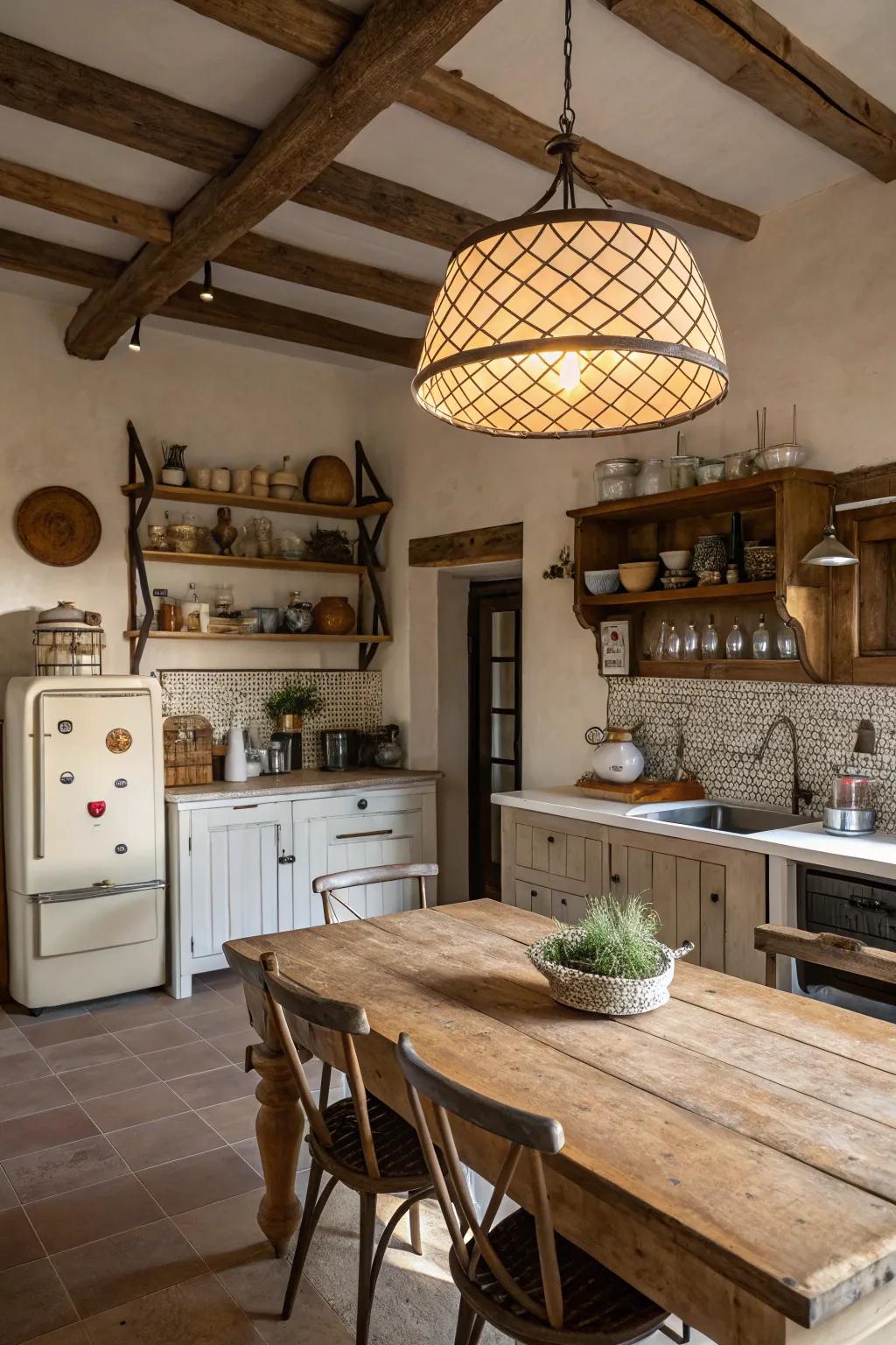 A statement pendant light illuminating a cozy farmhouse cooking area.