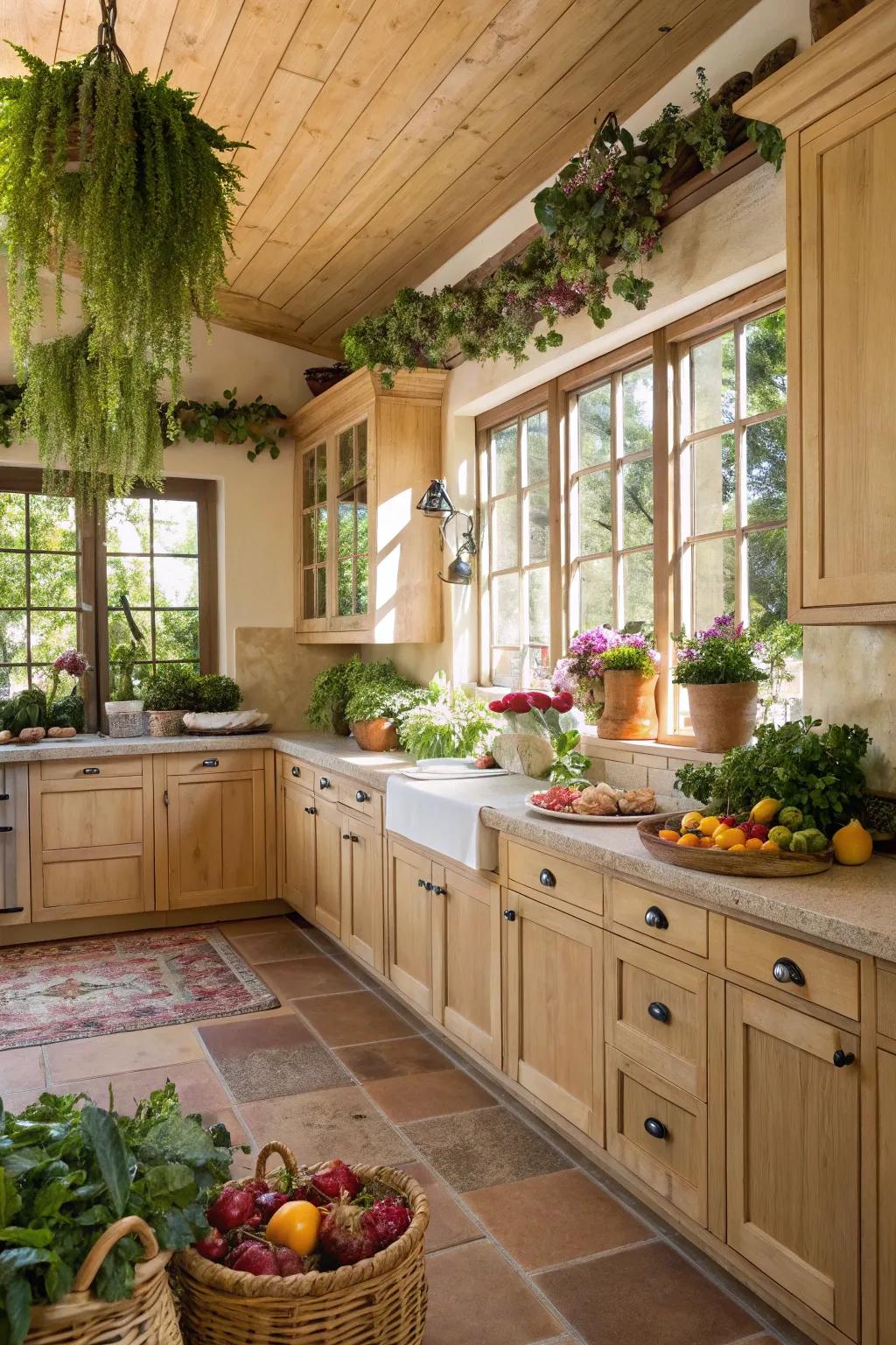 Foliage brings a natural element to a cooking space with pale timber cabinetry.