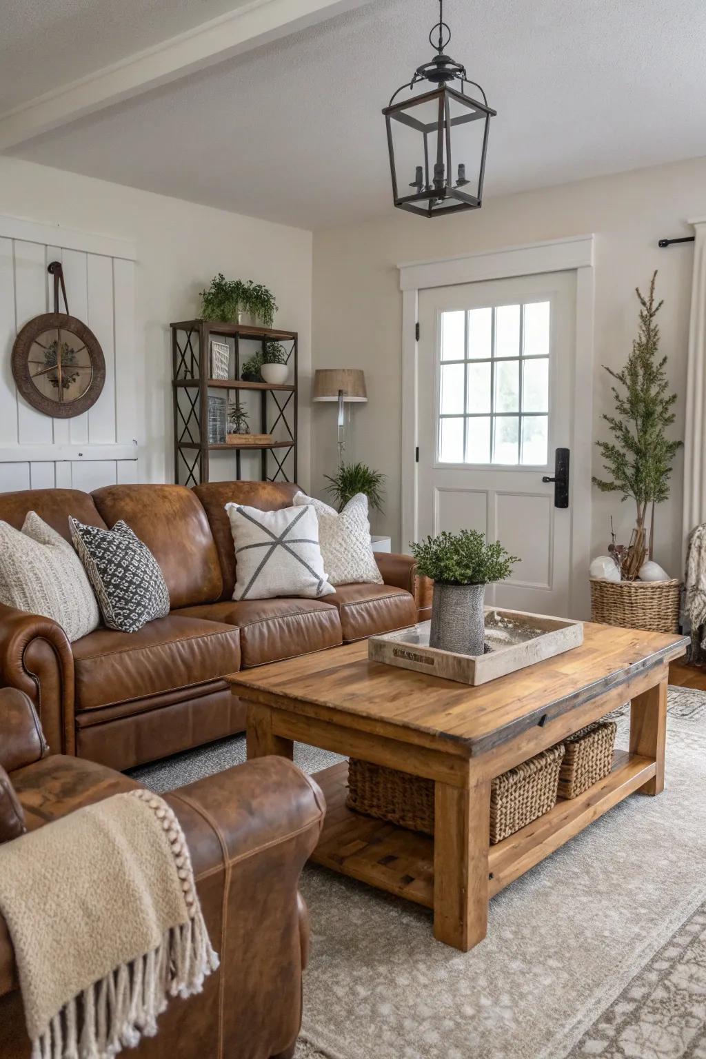 Neutral colors establish a tranquil and balanced farmhouse living space.