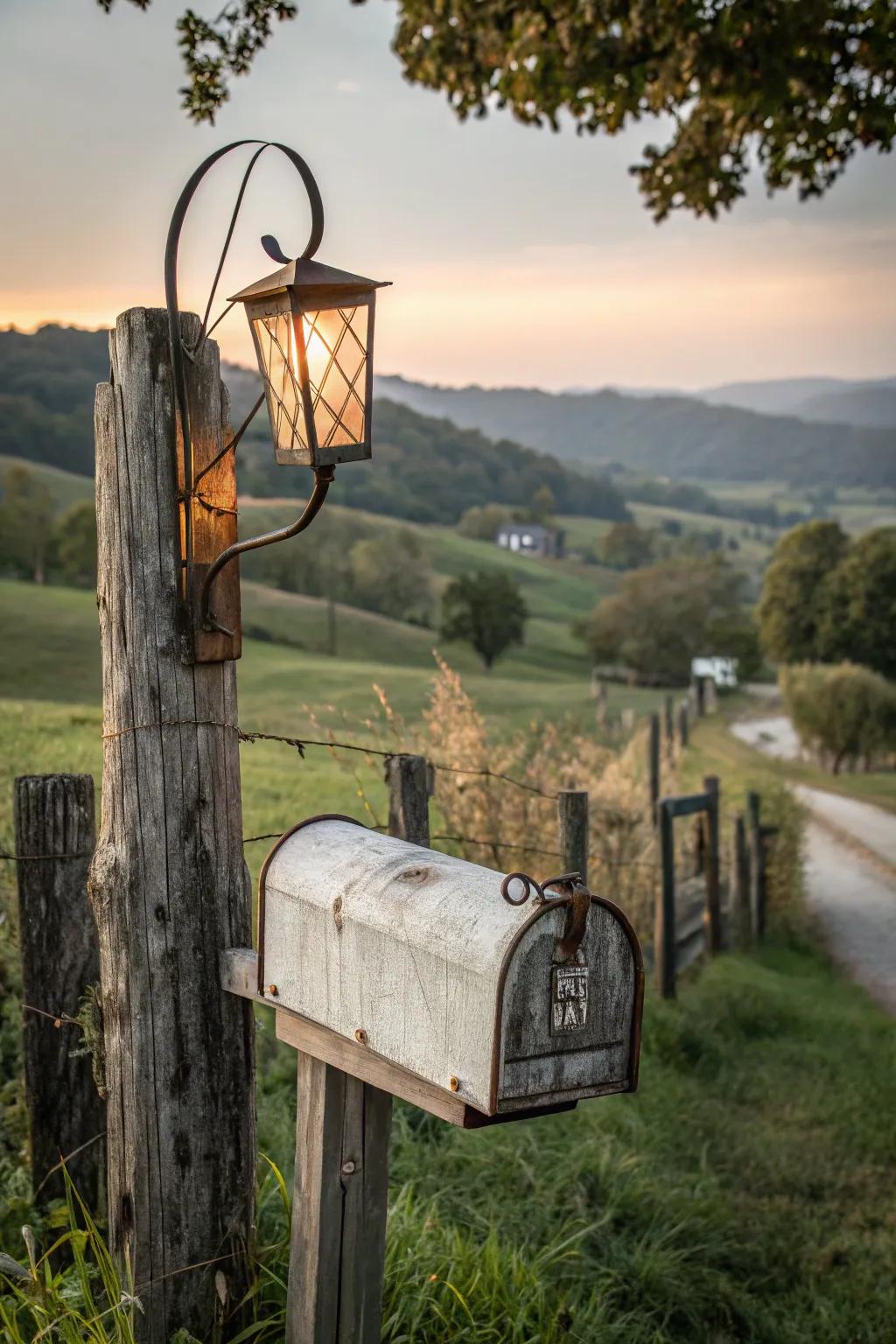 A pendant lamp adds warmth and charm to this farmhouse mailbox.