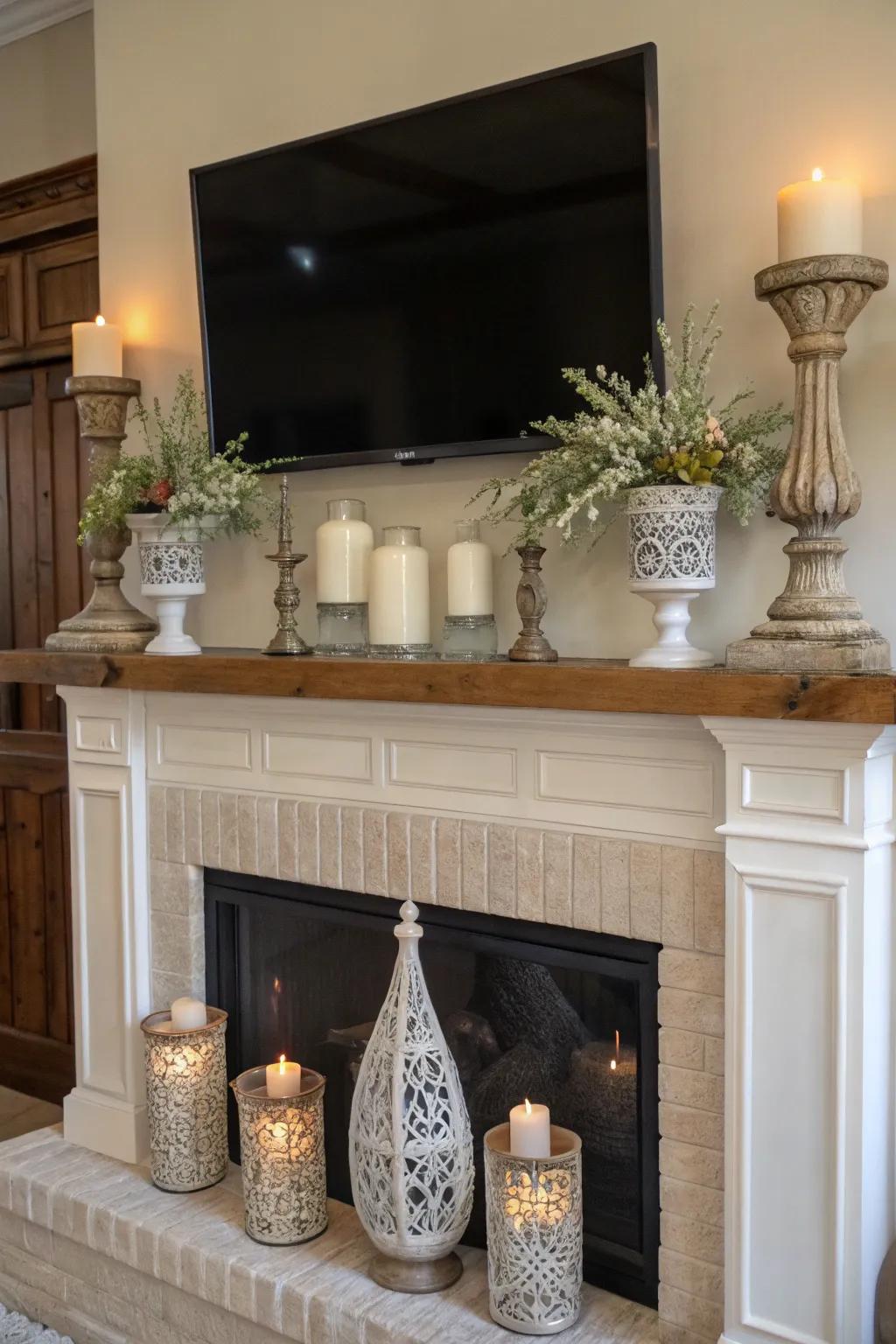 Farmhouse mantel with a TV above, enhanced by fashionable pots and candlelight.