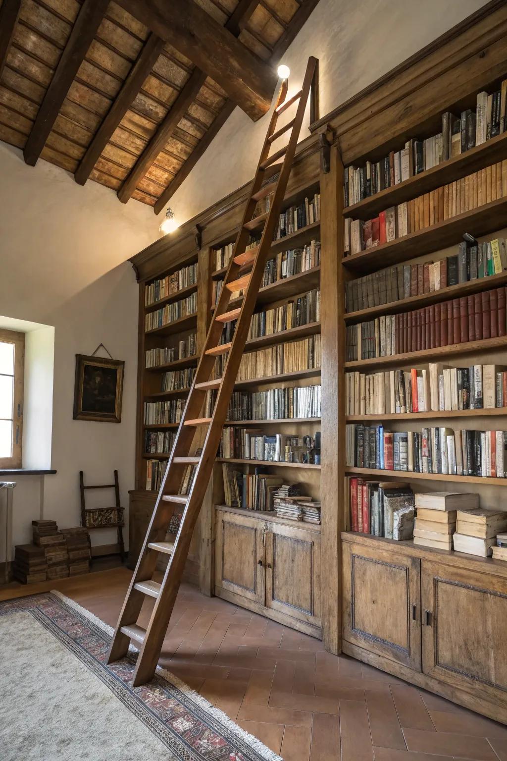 Create a library ambience with high bookshelves and a ladder.