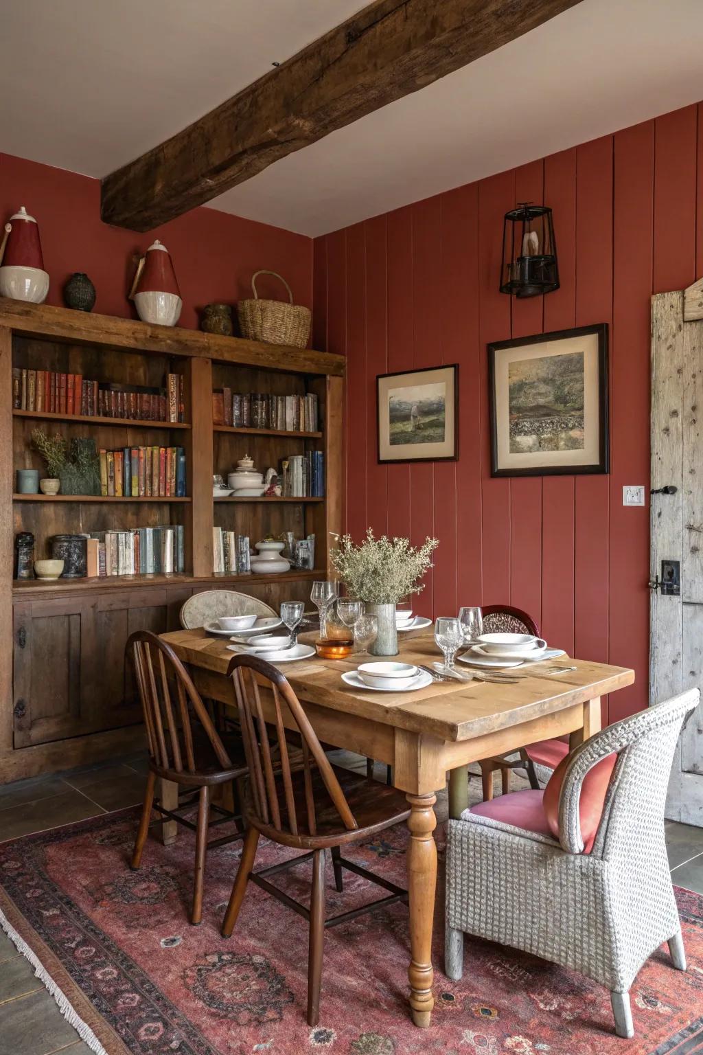 Countryside red walls imbue this dining space with character and warmth.