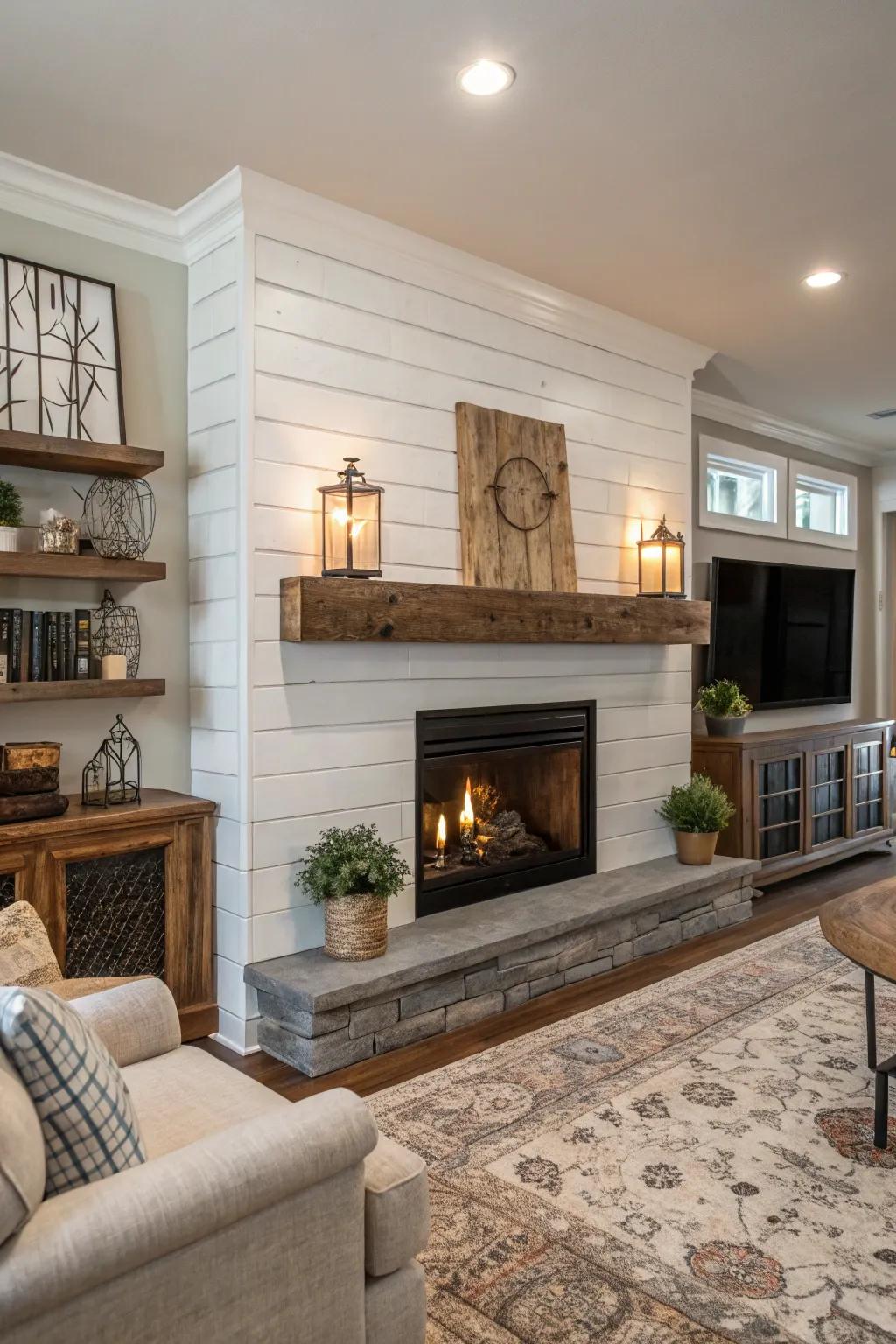A mix of homespun and modern components fashions a fashionable fireplace.