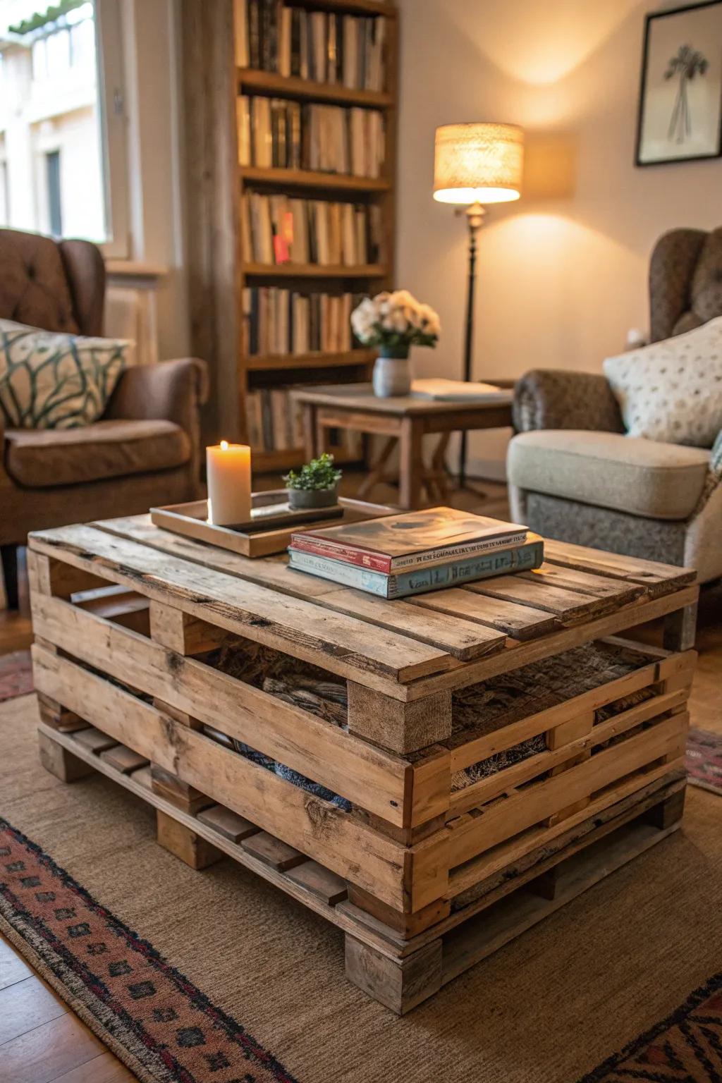 Country charm with a stacked crate coffee table.
