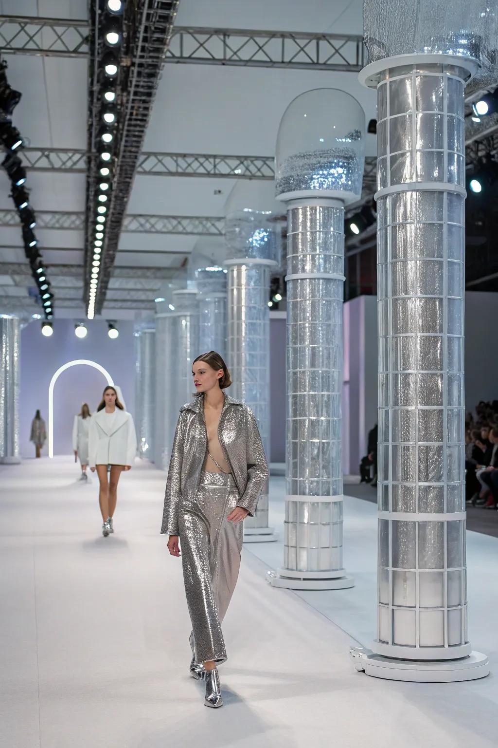 Sleek metallic structures lend a futuristic vibe to this fashion runway.