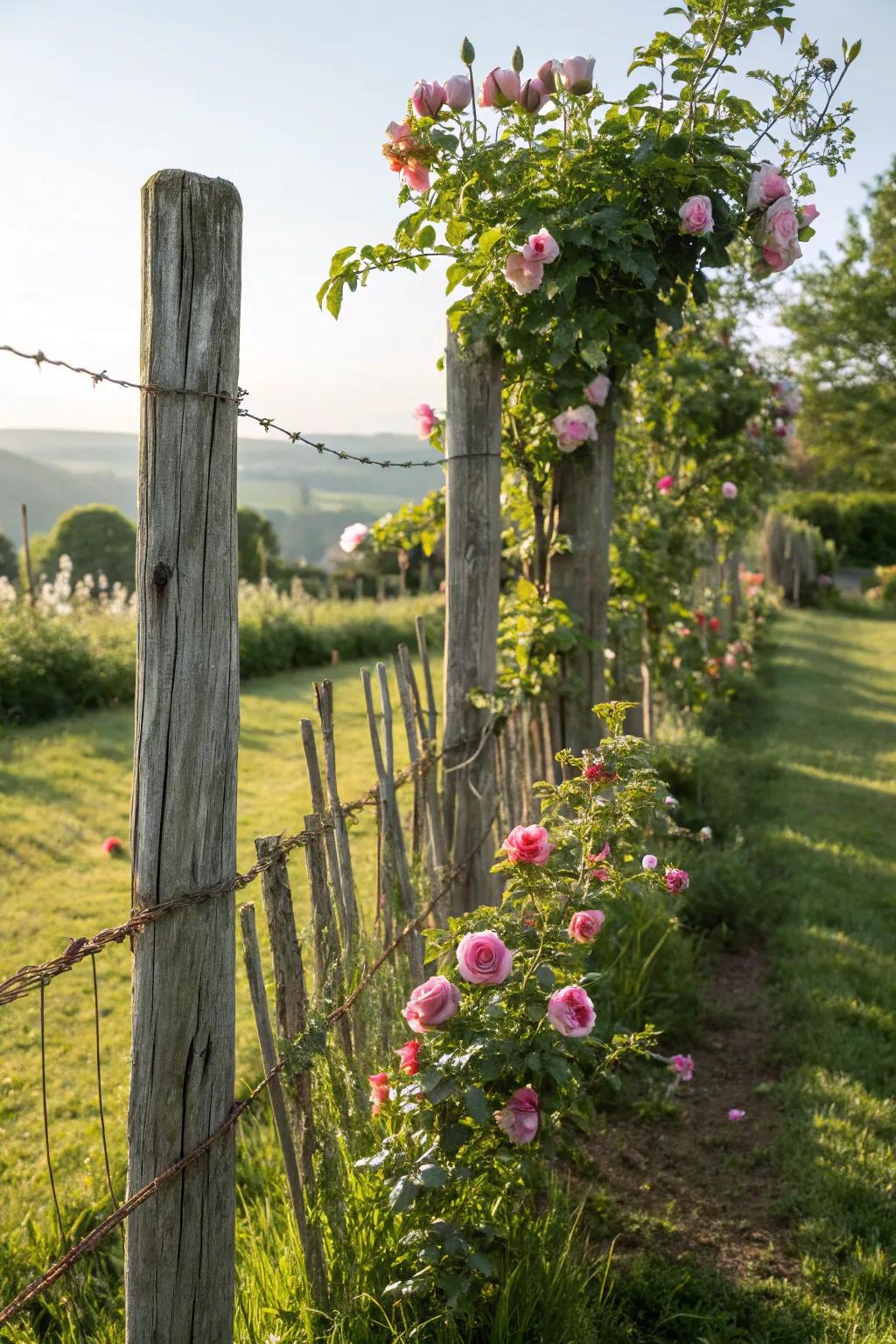 Rustic fascination with a wire and wood fence arrangement.