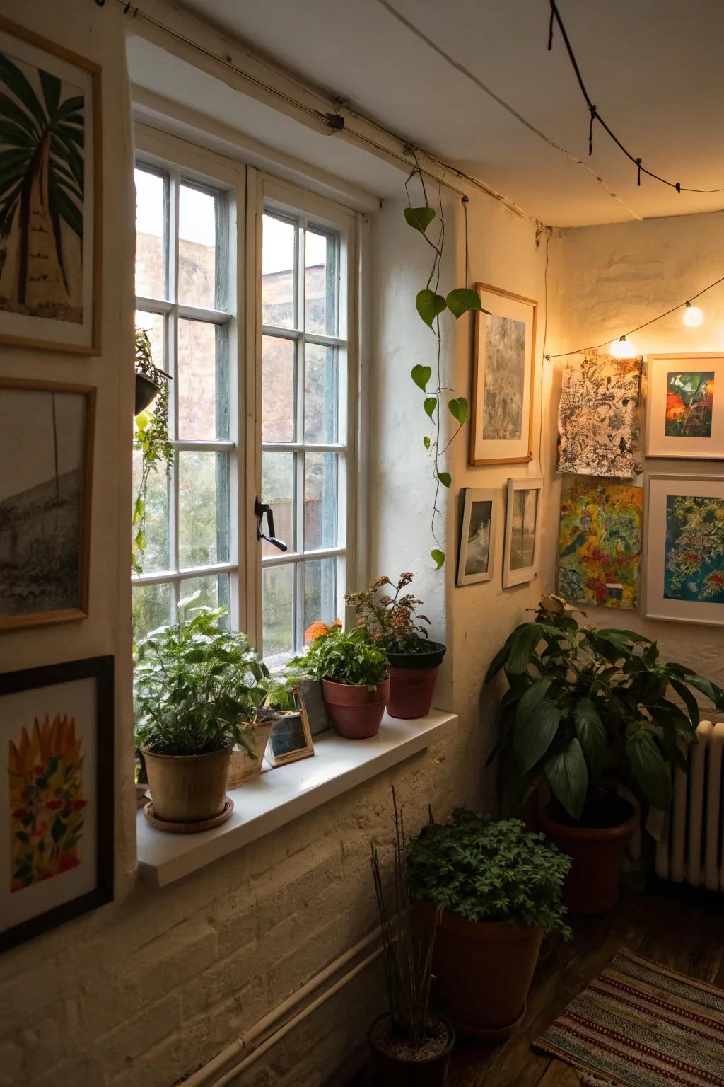Artwork and plants give character and warmth to the window area.