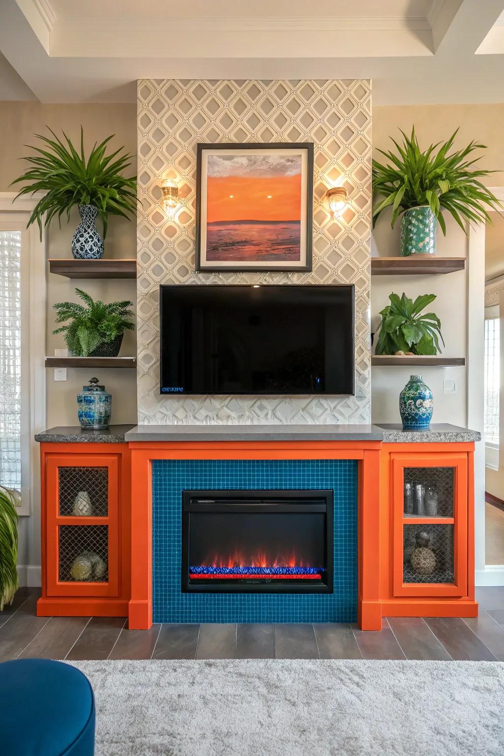 Develop a sense of balance through a symmetrical layout around your fireplace TV wall.