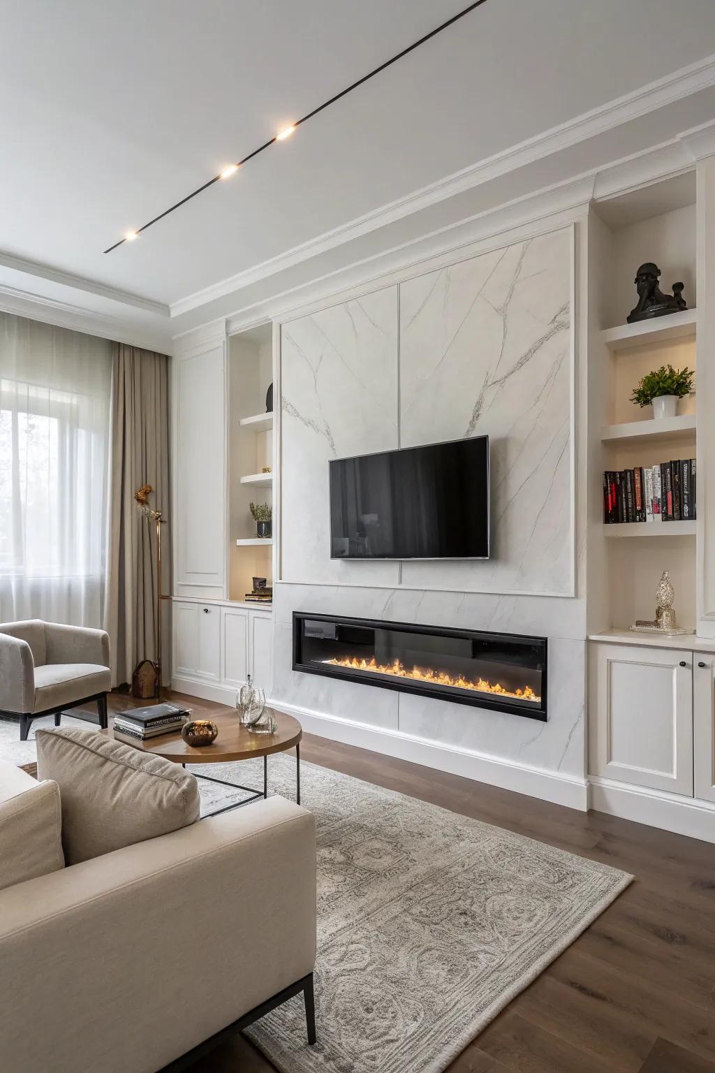 A simple family room showcasing a refined fireplace wall and TV.