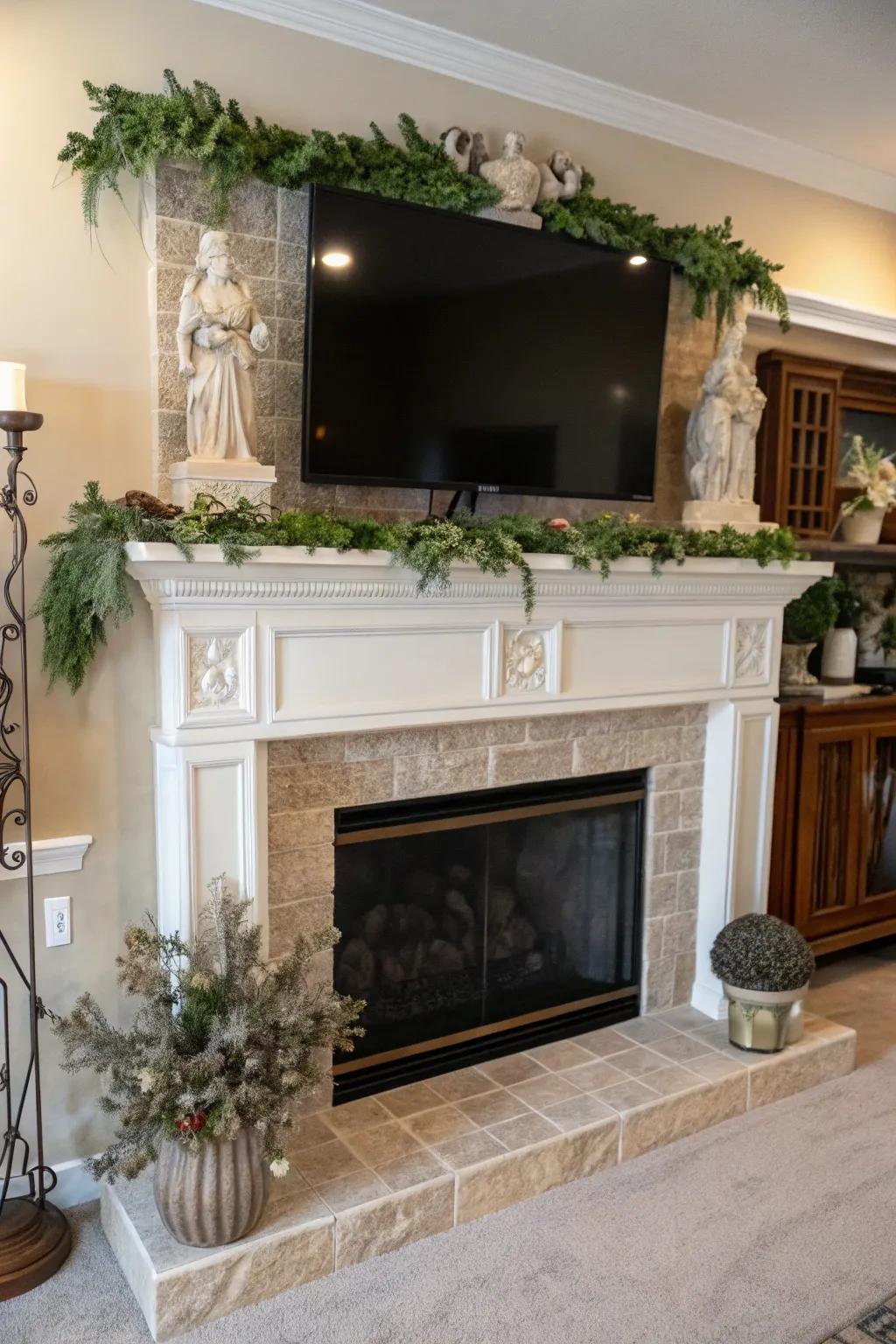 A mantel adorned with greenery and sculptures beneath a TV.