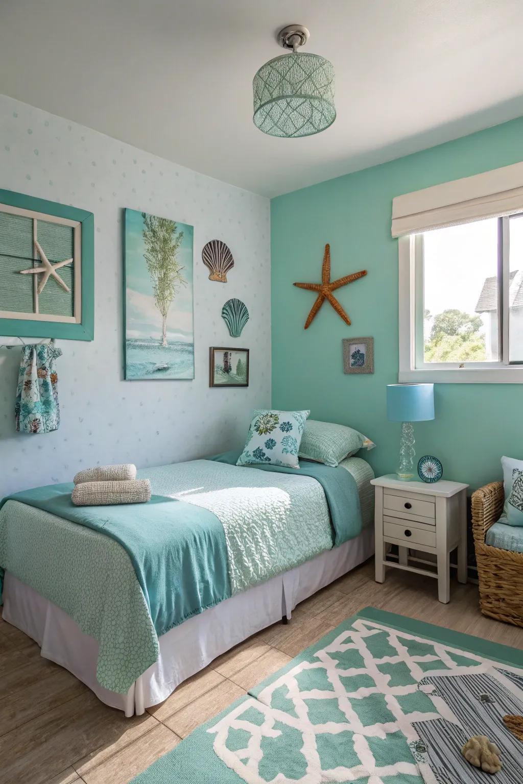 Aquatic colors soothe the senses and amplify the fishing theme.