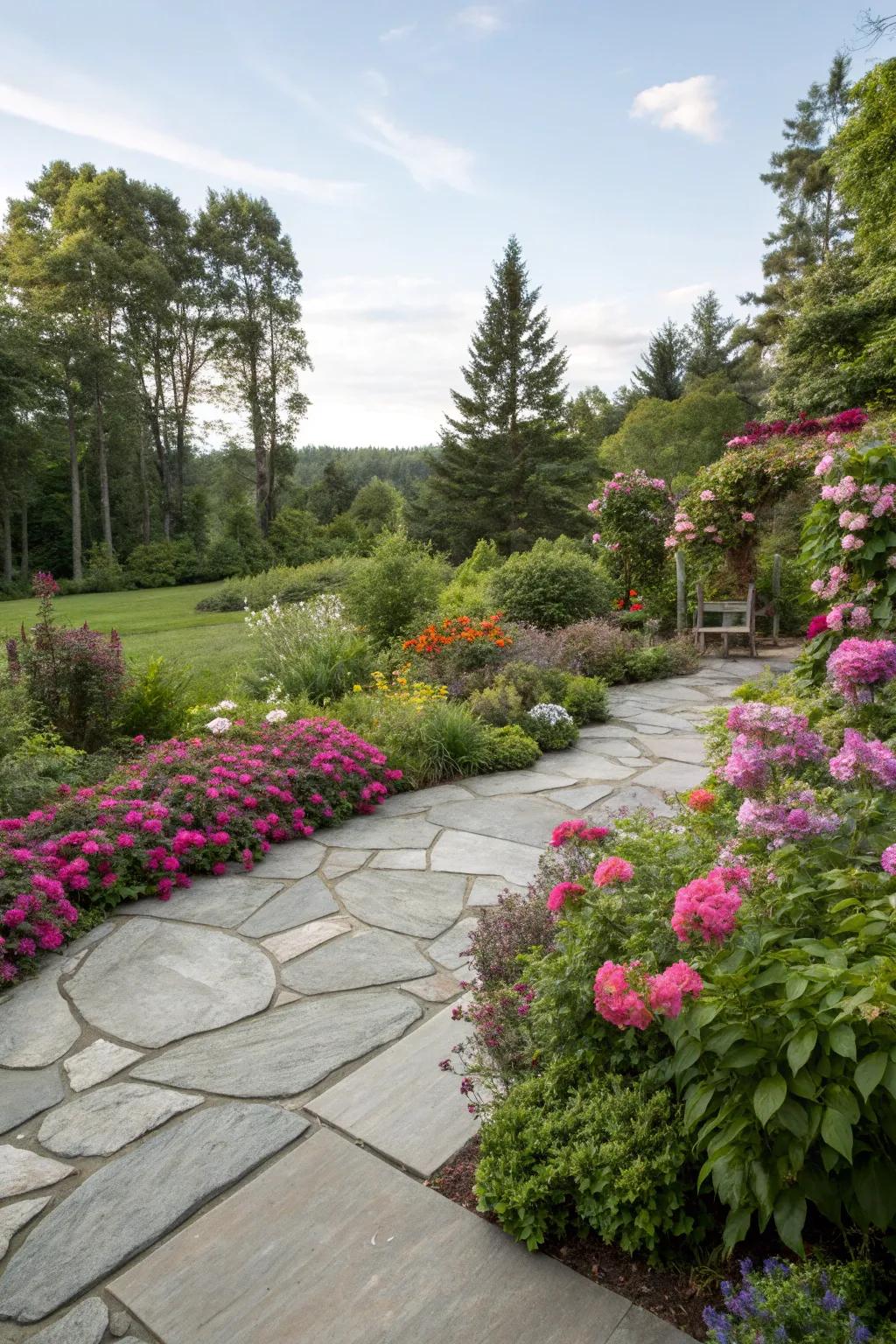 A colorful flagstone patio embraced by nature's beauty.