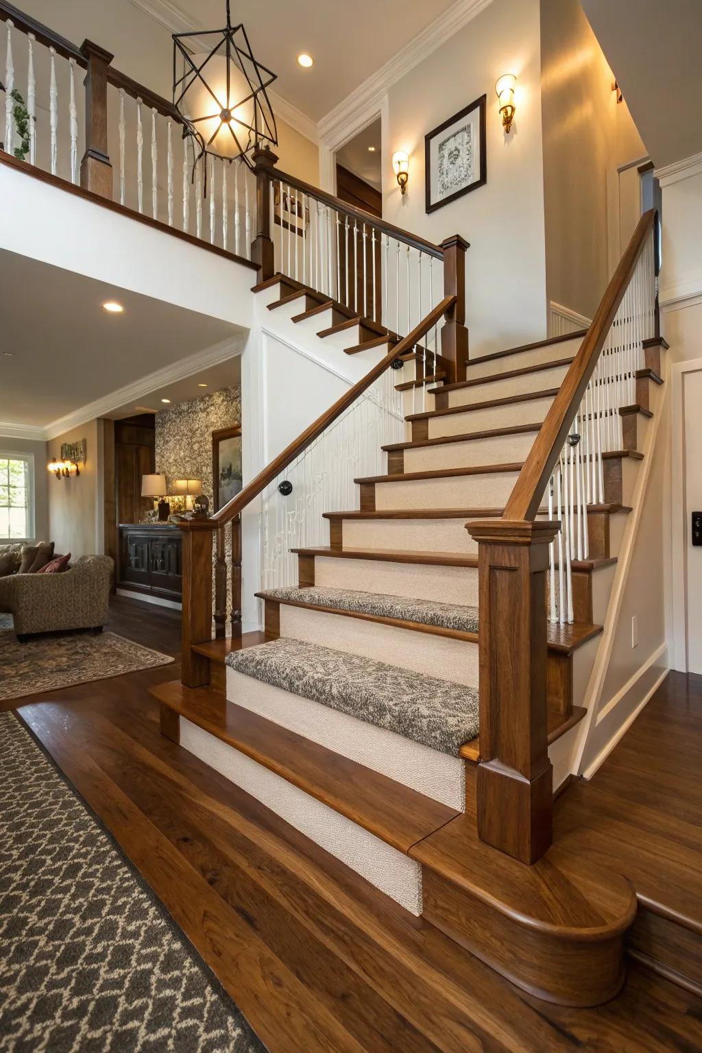 Combining wood and carpet on staircases offers a distinctive and stylish look.