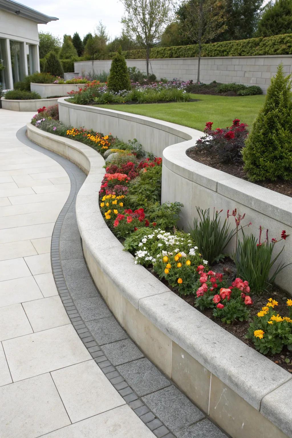 Shaped concrete borders contribute a modern twist to flower beds.