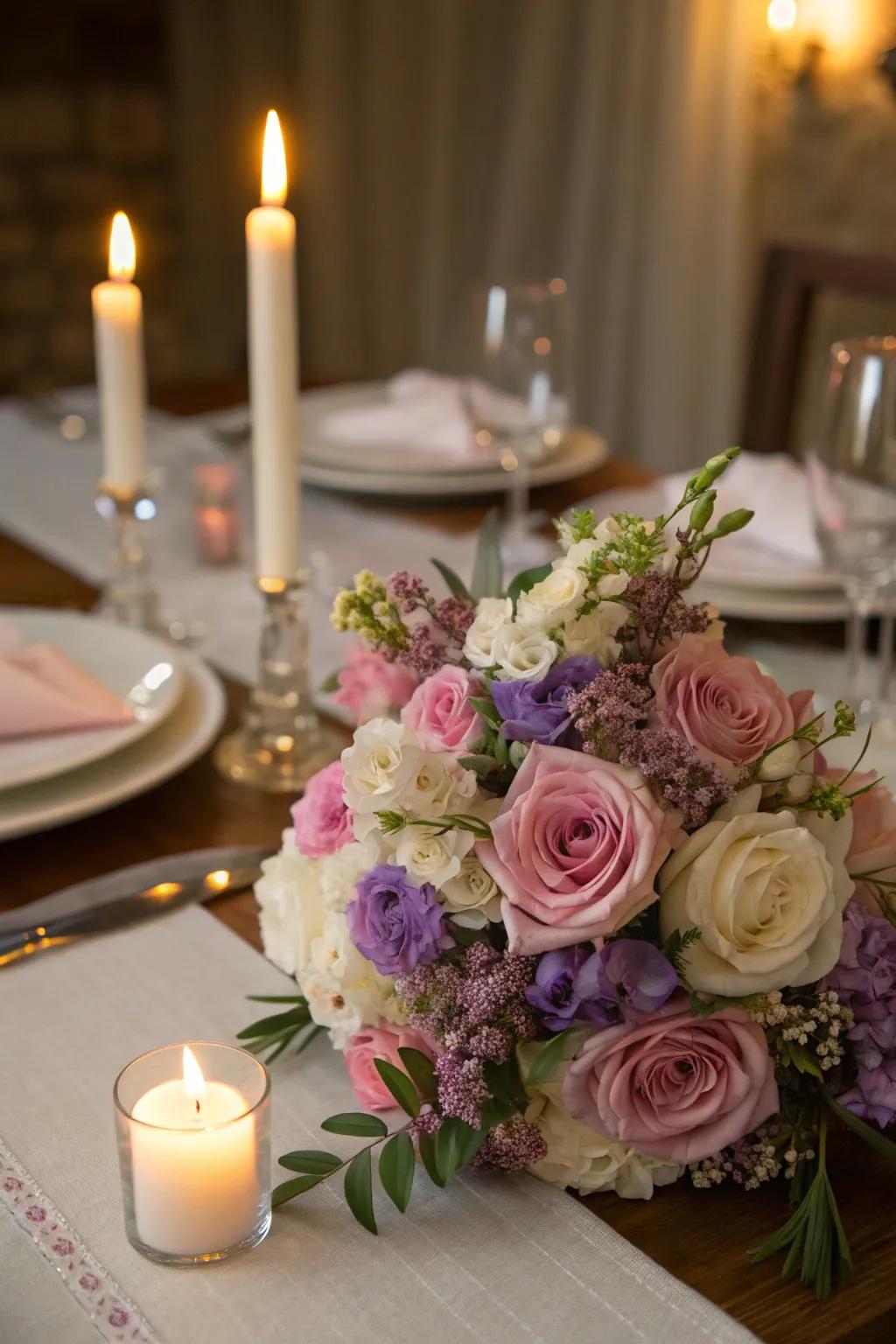 A romantic bouquet adds elegance to a candlelit dining experience.