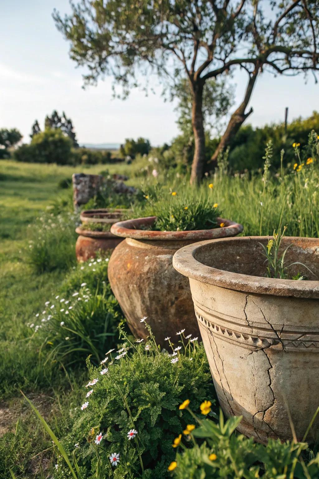 Rustic flower containers that harmoniously blend with nature.