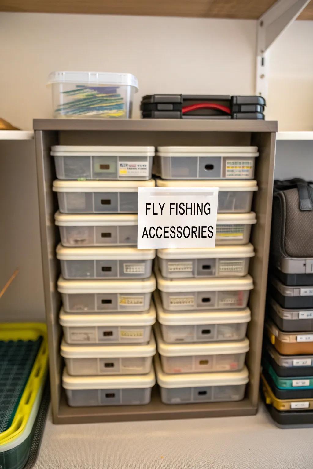 Labelled containers for organized accessory stowage.