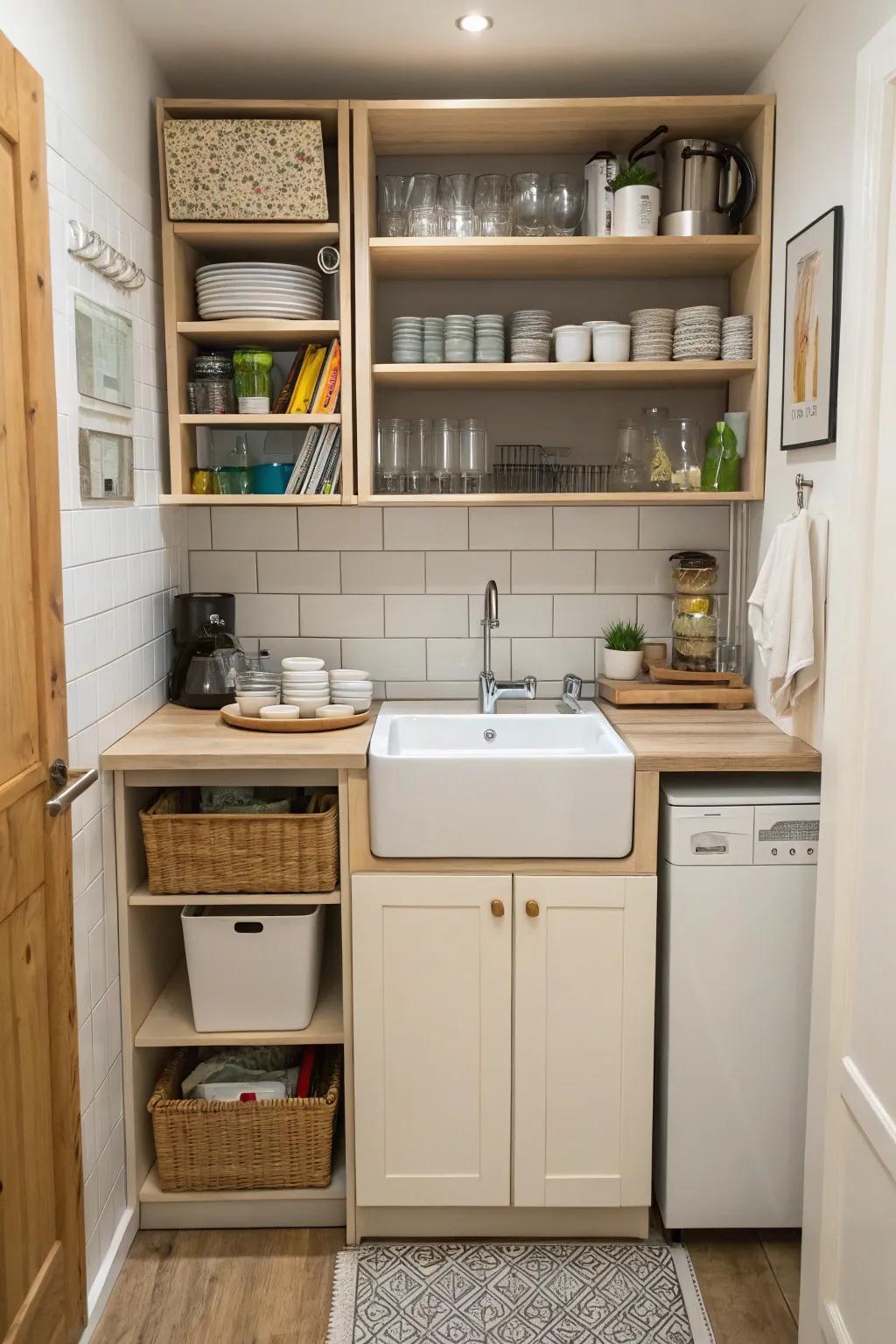 A small kitchen arrangement featuring a space-saving unattached sink.