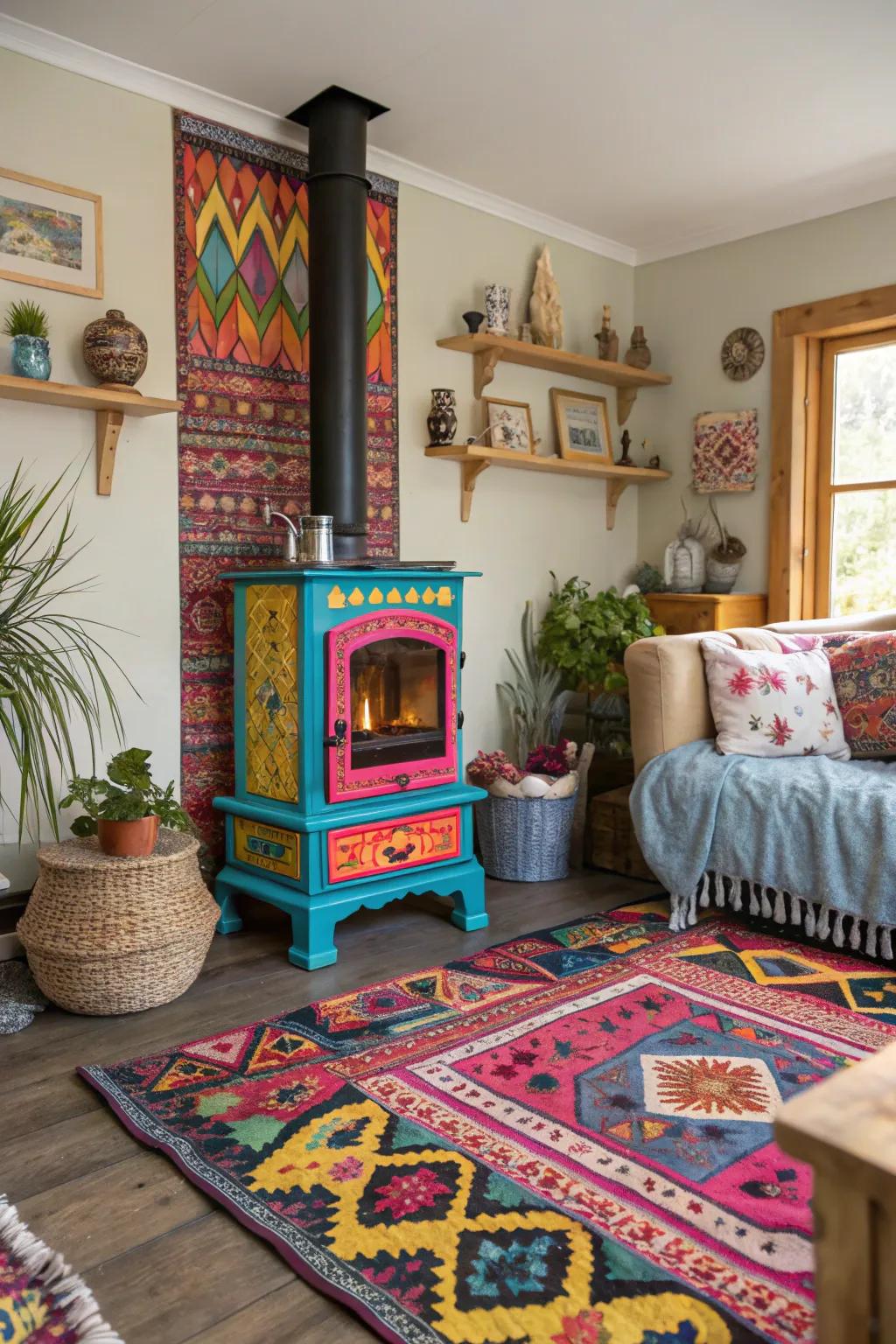 A brightly colored burner adds a playful touch to this vibrant room.