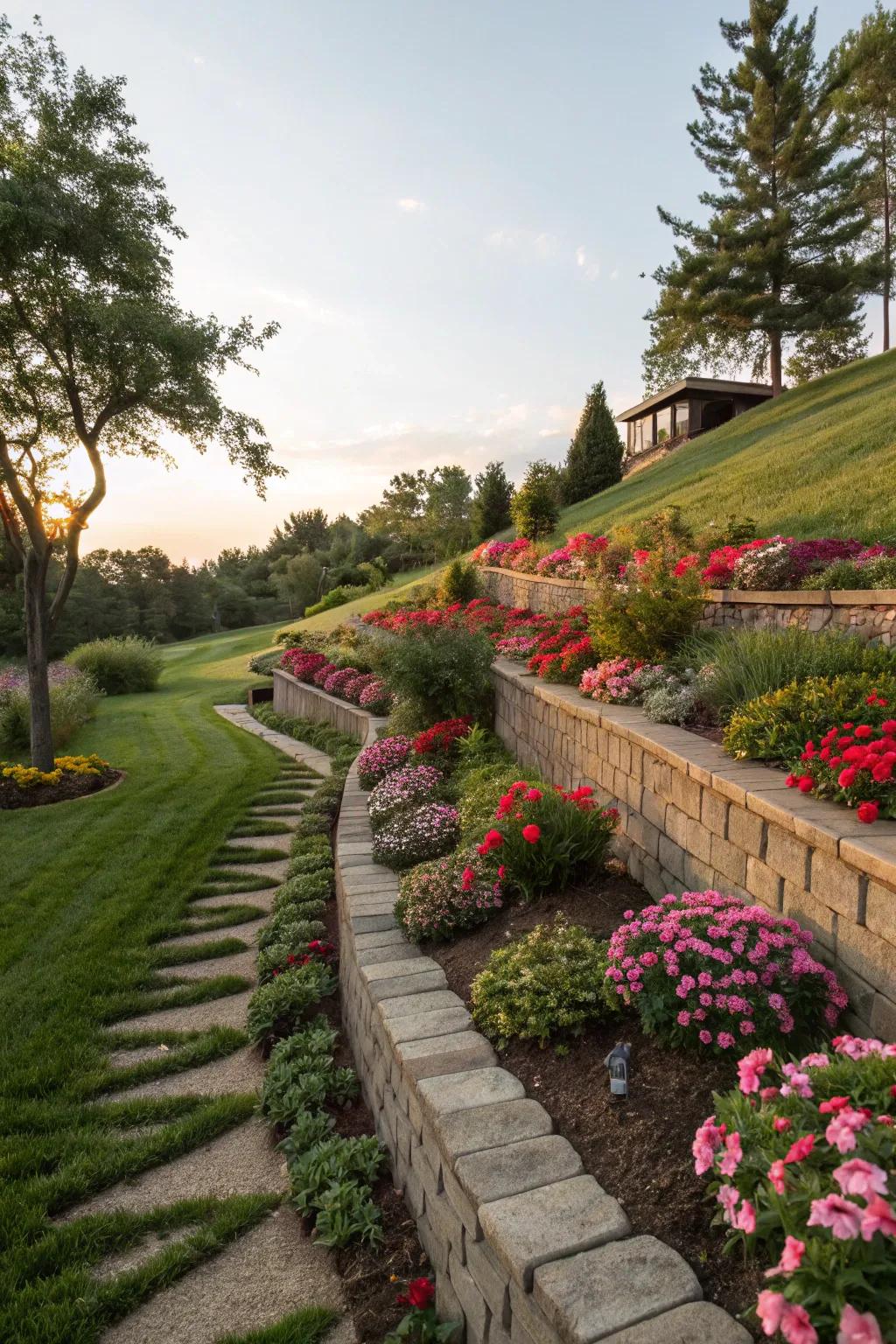 A sloped garden directing water into a drainage system, complete with terraced gardens.