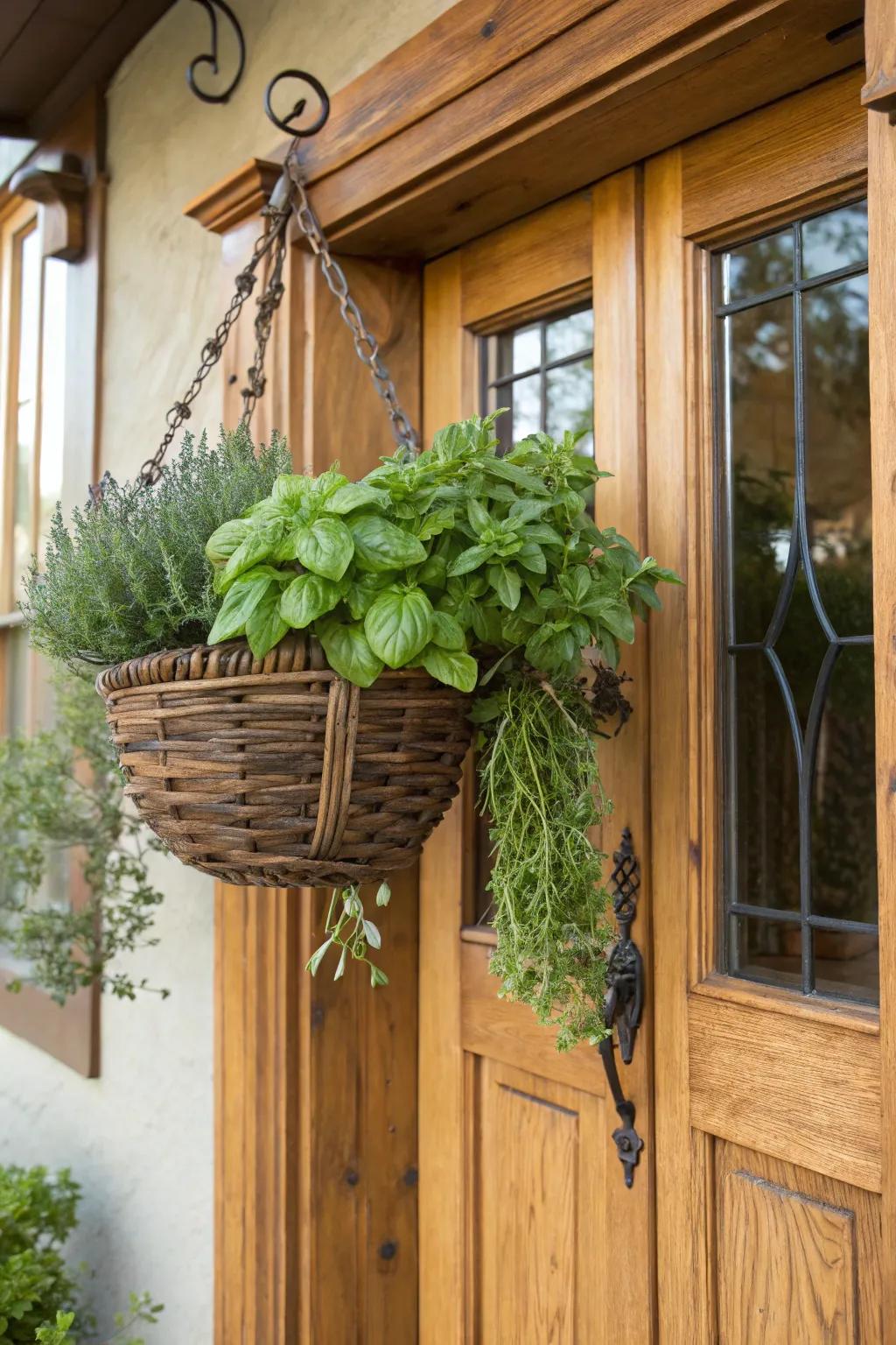 A basket herb garden provides a fragrant and useful welcome.