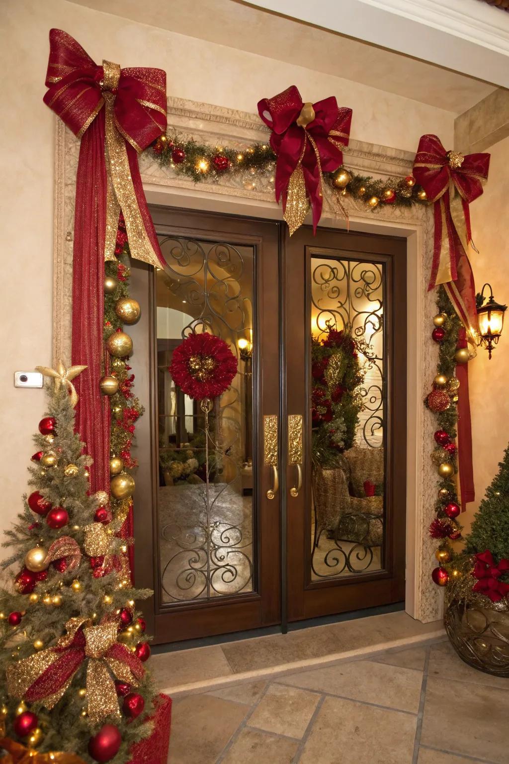 Sophisticated scarlet and gilt accents featured on a front entrance.