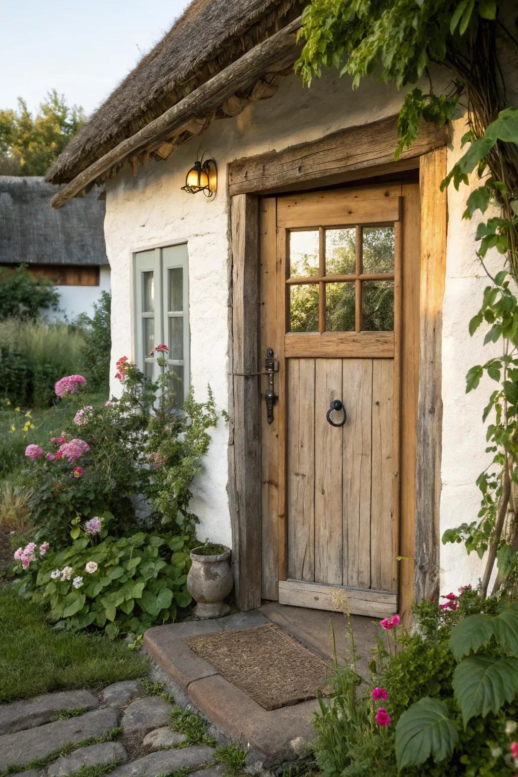 Rustic charm emanates from a wooden door and sidelight frame.