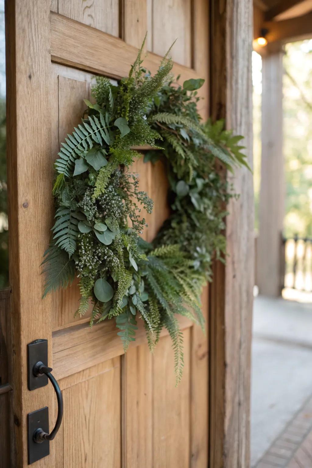 A natural greenery wreath providing an invigorating and timeless visage.