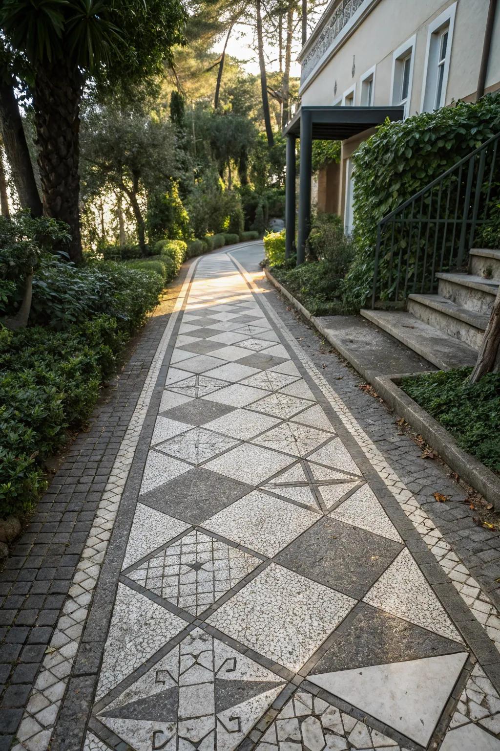 A fashionable walkway with a stunning shaped paver design.