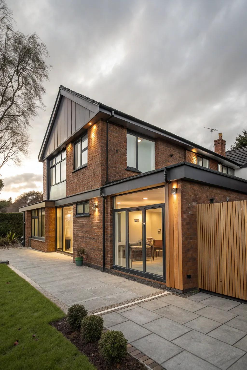 A modern home with a front extension using diverse materials for added character.