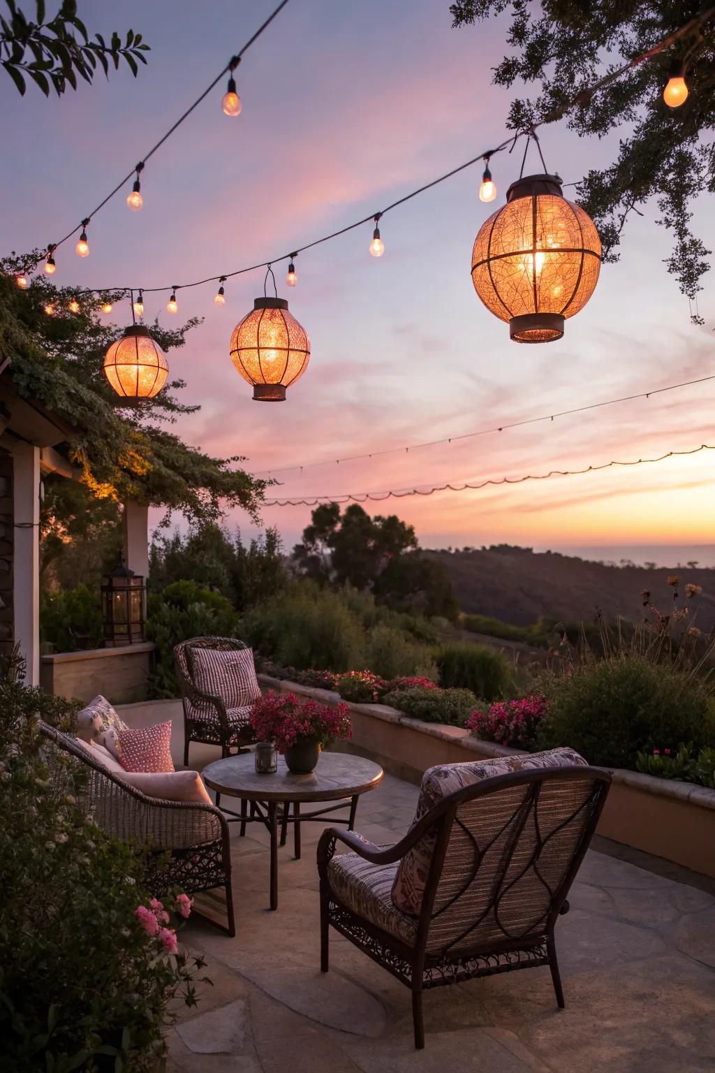 Hanging lanterns brighten the patio with a comfortable glow.