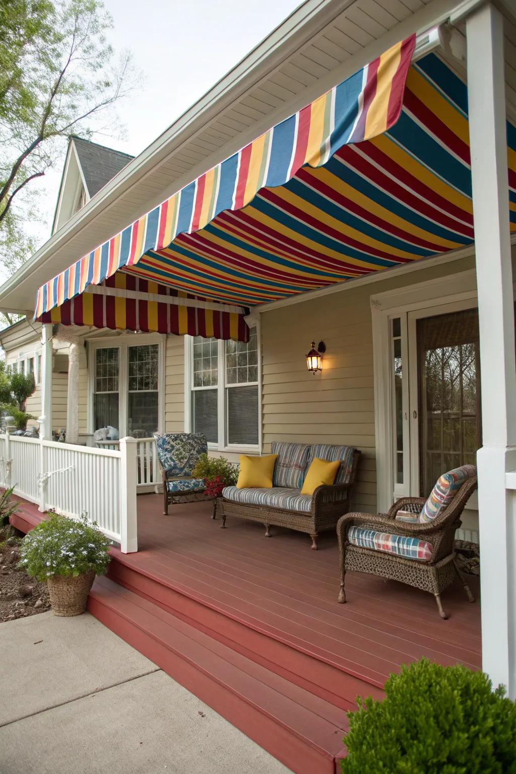 Canvas awnings with striking patterns inject energy into your porch's aesthetic.